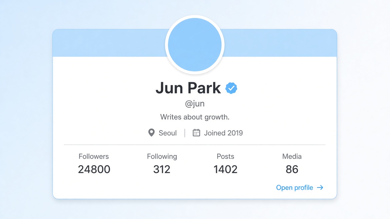 A public X / Twitter profile card with name, bio, and counts